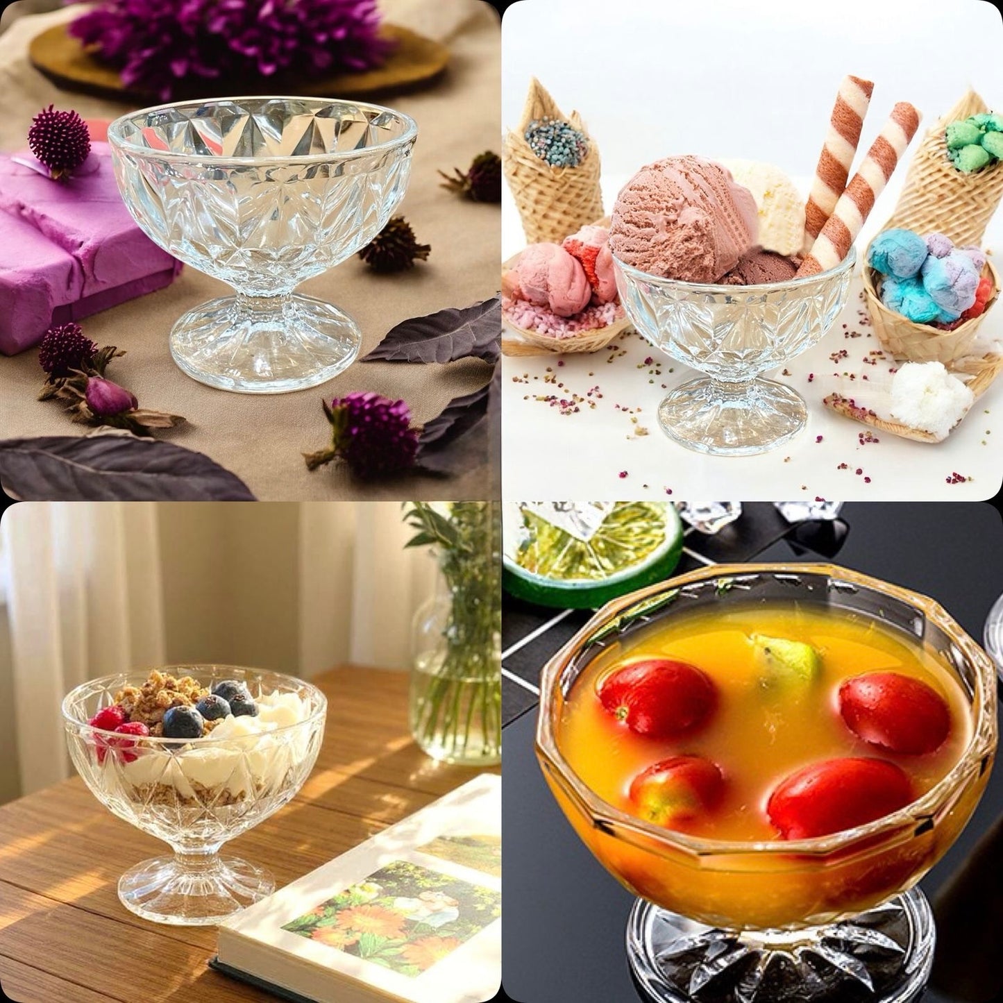 Elegant Glass Dessert Bowl Set with Luxury Base – 6 Pieces
