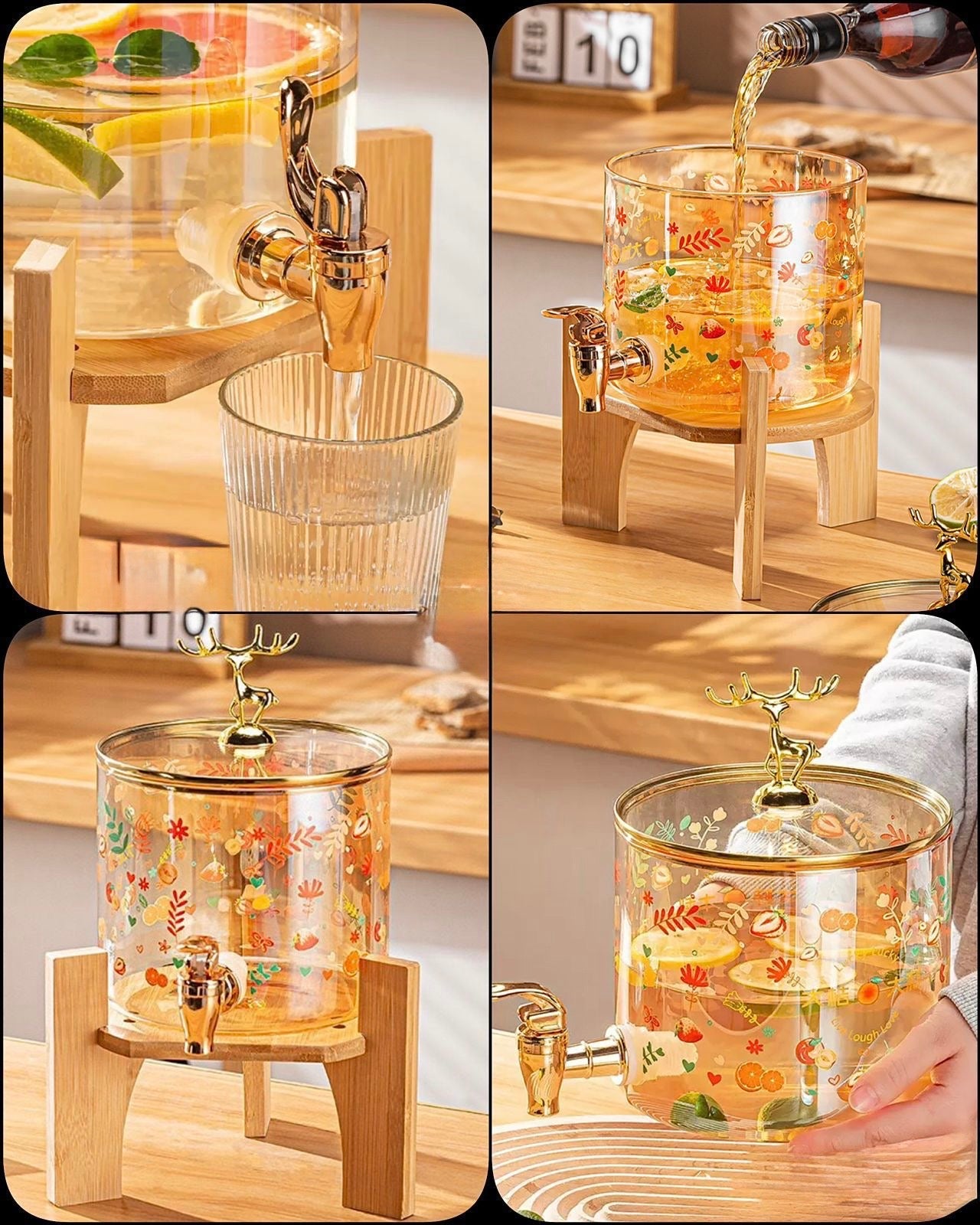 Elegant Large Glass Thermos with Wooden Base and Decorative Lid – 3.6L