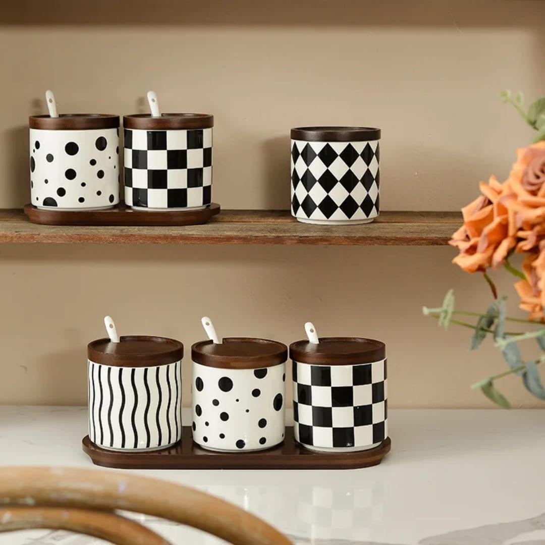 Modern Ceramic Spice Jar Set with Wooden Tray & Lids – 3-Piece