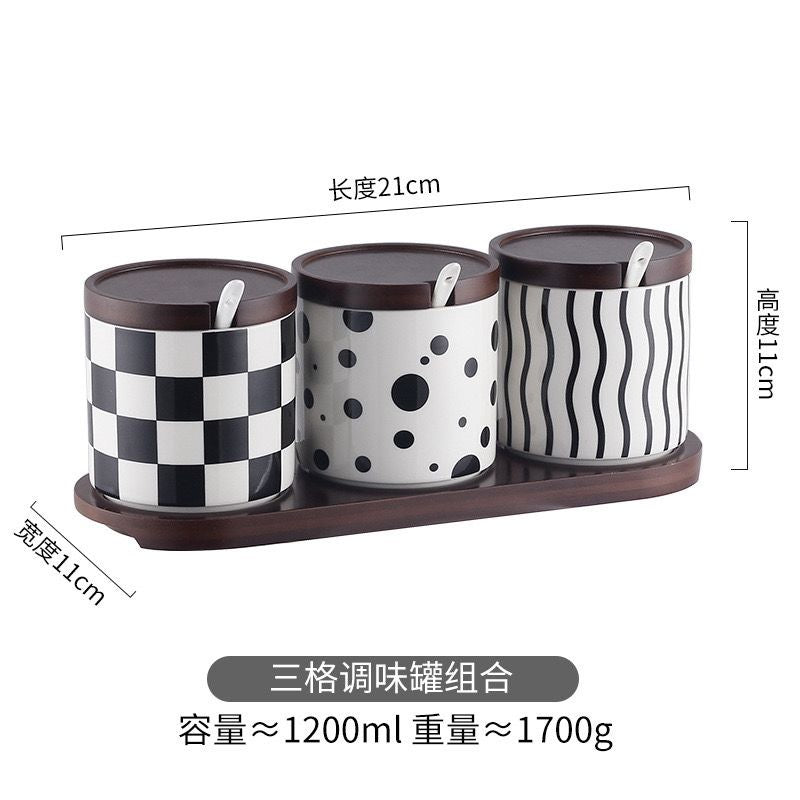Modern Ceramic Spice Jar Set with Wooden Tray & Lids – 3-Piece