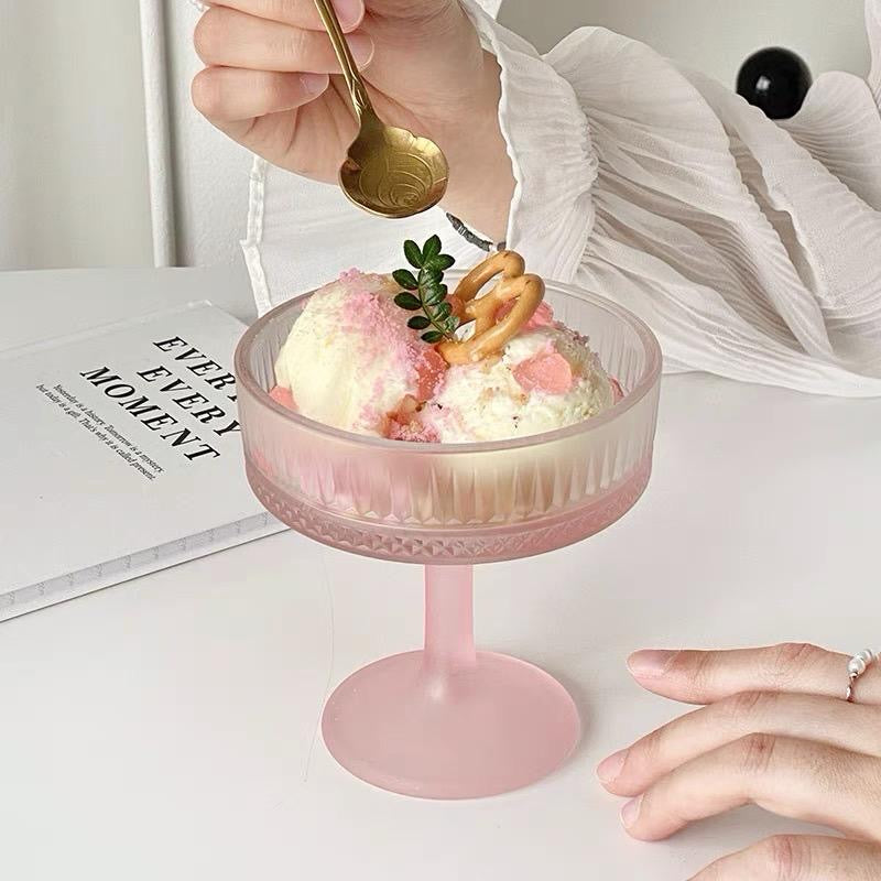 Elegant Ribbed Glass Dessert Cup – Frosted Pink- Set 12pcs -