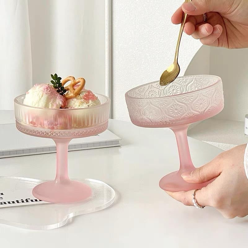 Elegant Ribbed Glass Dessert Cup – Frosted Pink- Set 12pcs -