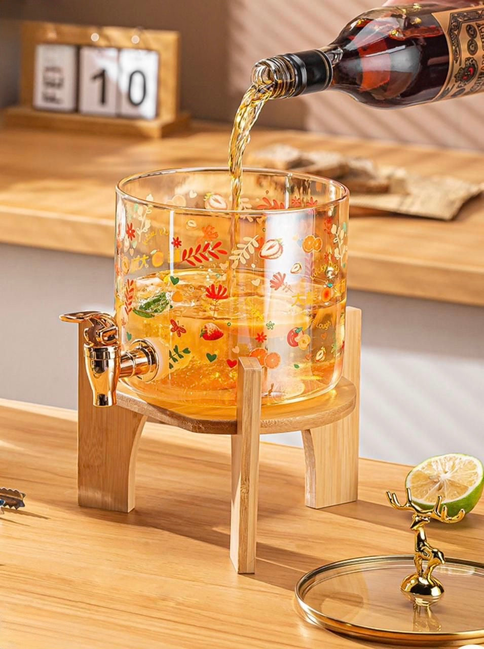 Elegant Large Glass Thermos with Wooden Base and Decorative Lid – 3.6L