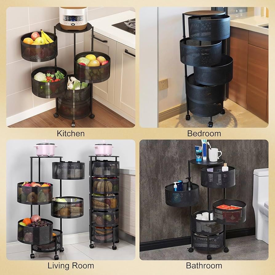 5-Tier Rotating Mesh Storage Basket with 360° Rolling Wheels