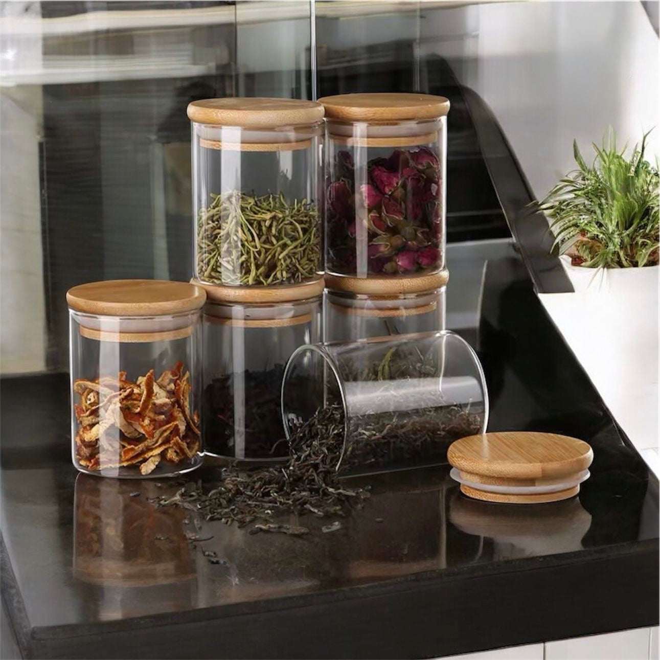 Elegant Crystal Glass Jar with Wooden Lid – Set of 12