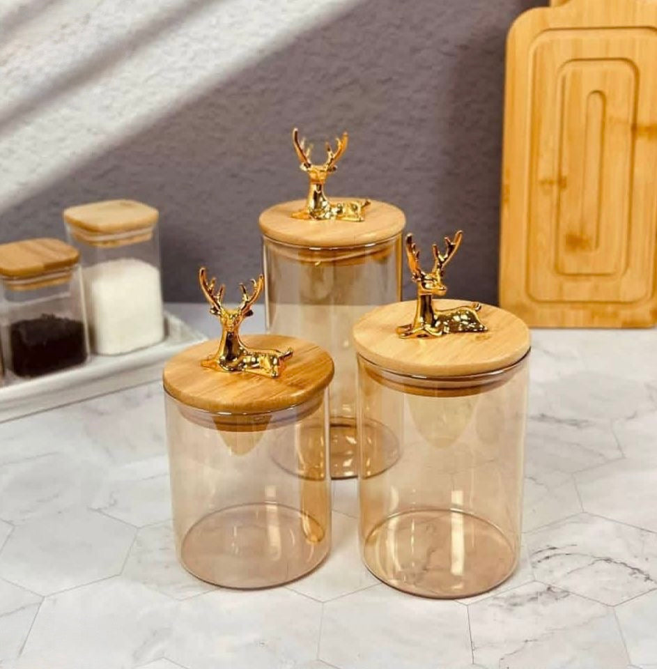 Elegant Premium Glass Jar Set with Wooden Deer Handle Lids