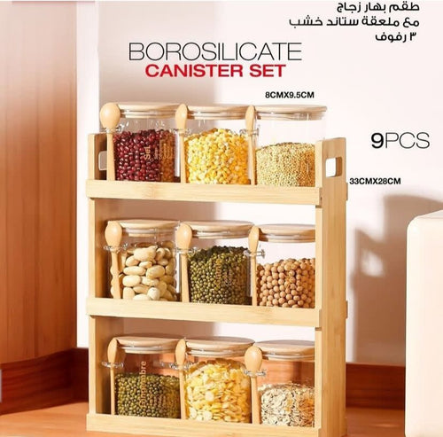 Elegant Glass Spice Jar Set with Wooden Stand – 9 Pieces