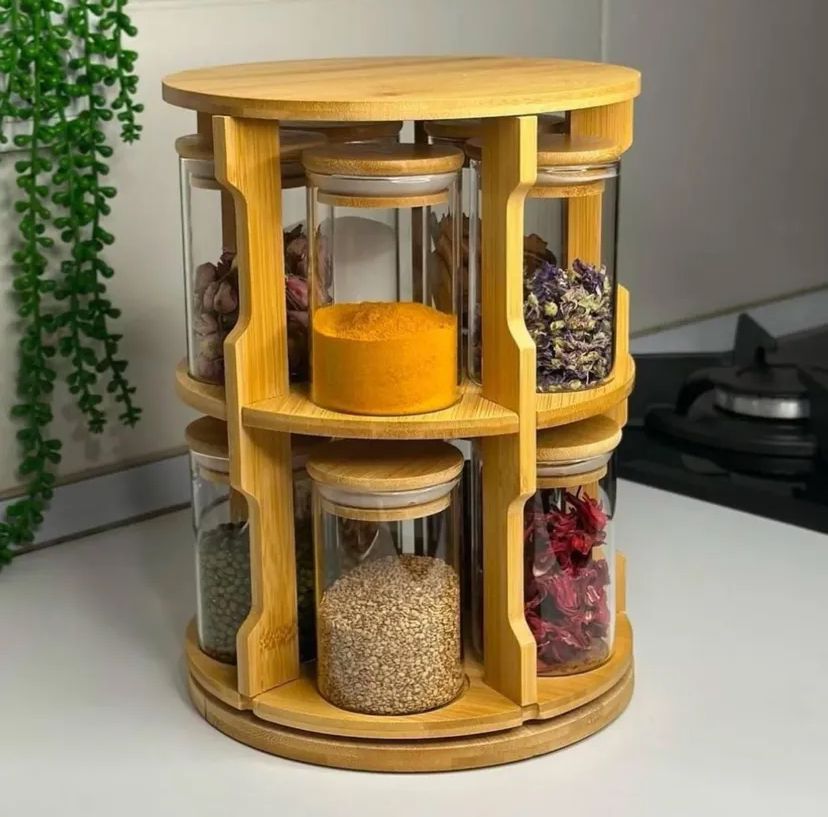 Elegant Rotating Wooden Spice Set – 10-Piece Glass Jars