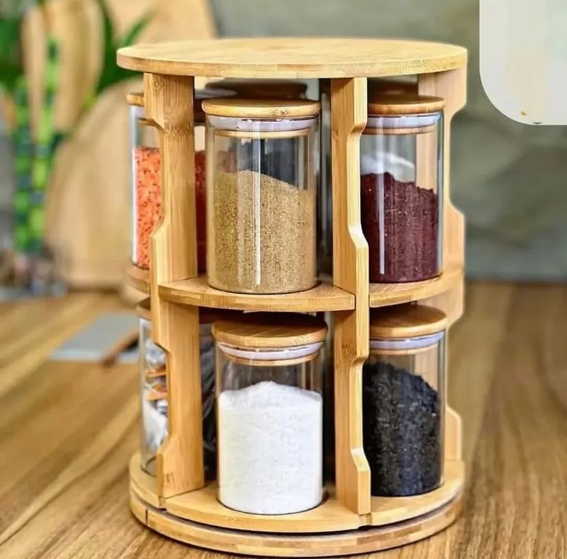 Elegant Rotating Wooden Spice Set – 10-Piece Glass Jars