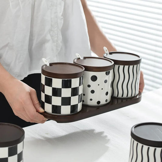 Modern Ceramic Spice Jar Set with Wooden Tray & Lids – 3-Piece