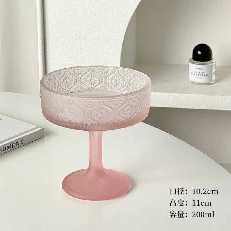 Elegant Ribbed Glass Dessert Cup – Frosted Pink- Set 12pcs -