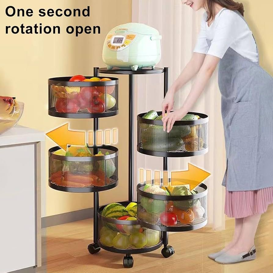 5-Tier Rotating Mesh Storage Basket with 360° Rolling Wheels