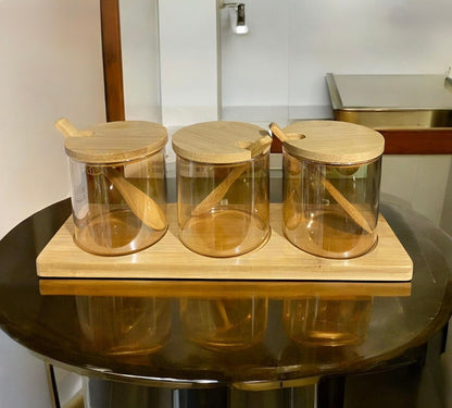 3-Piece Glass Spice Jar Set with Wooden Lids, Spoons & Stand
