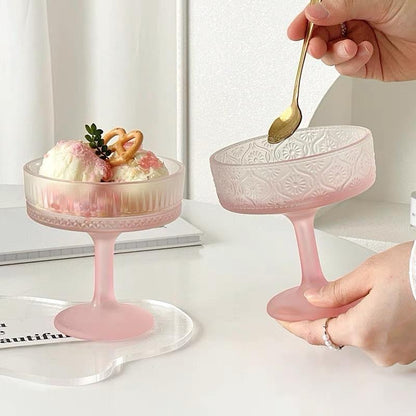 Elegant Ribbed Glass Dessert Cup – Frosted Pink- Set 12pcs -
