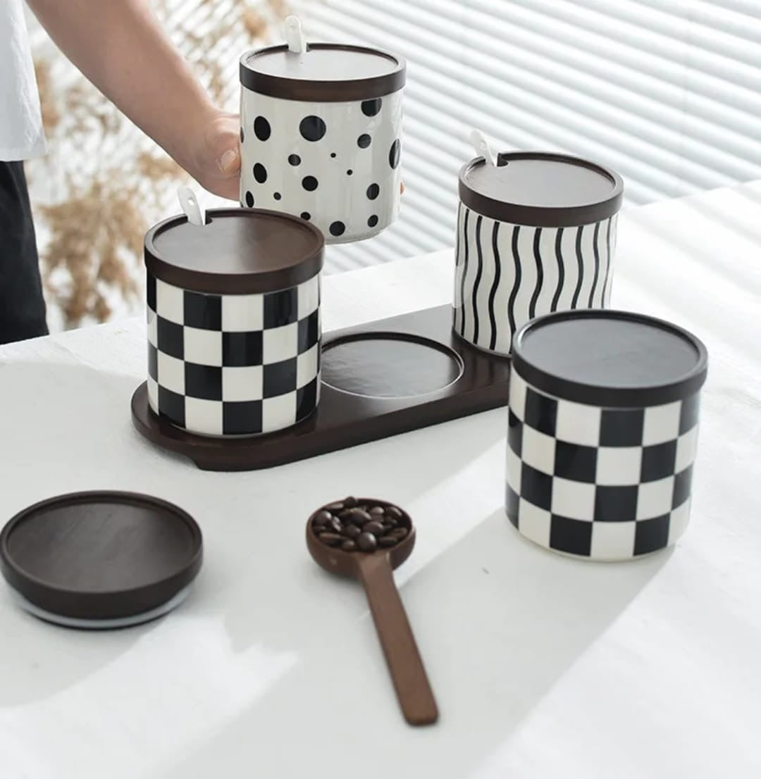 Modern Ceramic Spice Jar Set with Wooden Tray & Lids – 3-Piece