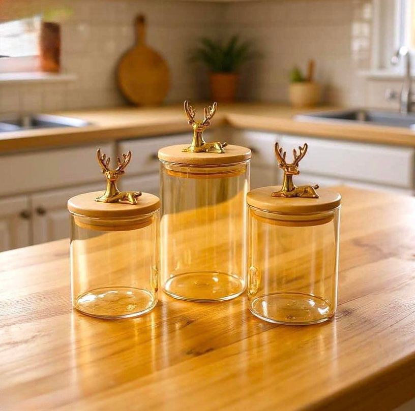 Elegant Premium Glass Jar Set with Wooden Deer Handle Lids