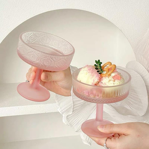 Elegant Ribbed Glass Dessert Cup – Frosted Pink- Set 12pcs -