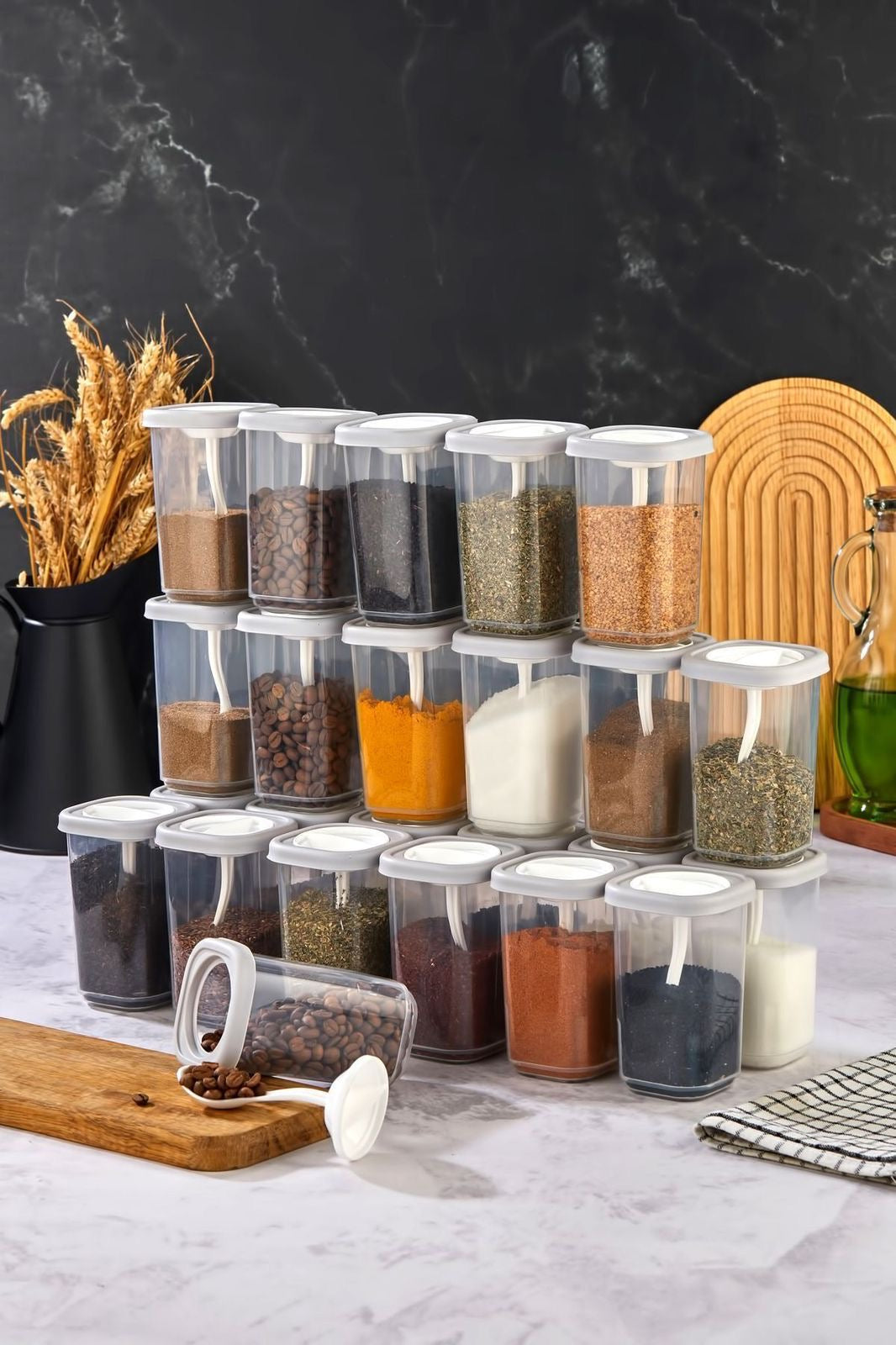 Clear Spice Storage Jar with White Lid and Spoon
