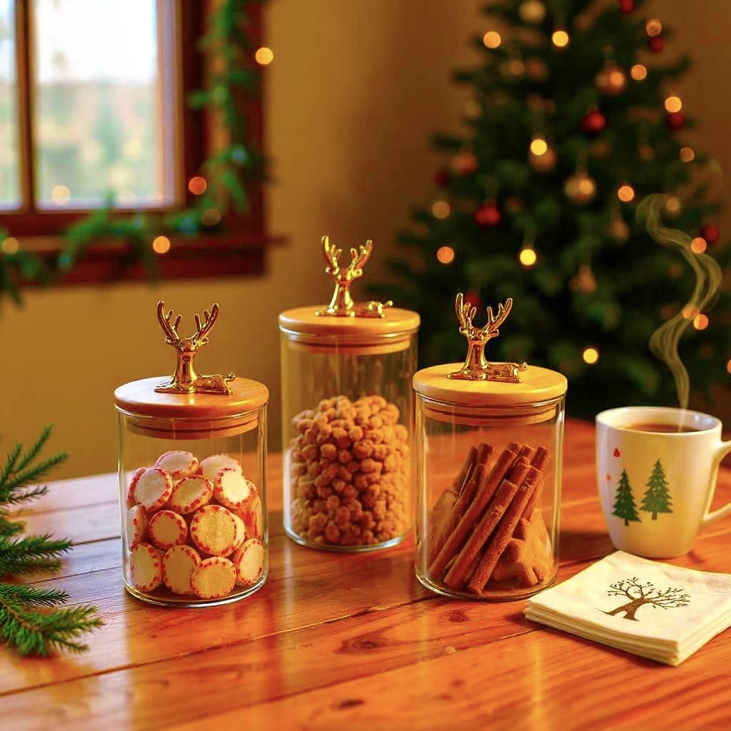 Elegant Premium Glass Jar Set with Wooden Deer Handle Lids