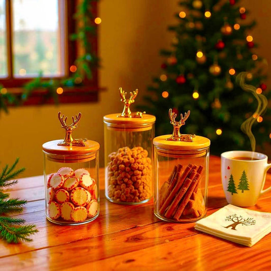 Elegant Premium Glass Jar Set with Wooden Deer Handle Lids