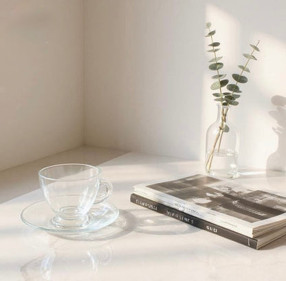 Elegant Glass Coffee Cup with Modern Oval Saucer – Premium Set