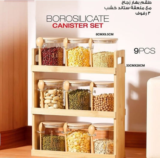 Elegant Glass Spice Jar Set with Wooden Stand – 9 Pieces