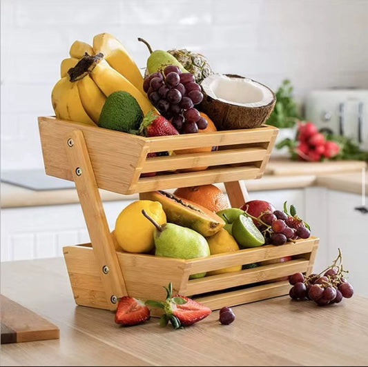 Two-Tier Bamboo Fruit Basket Stand